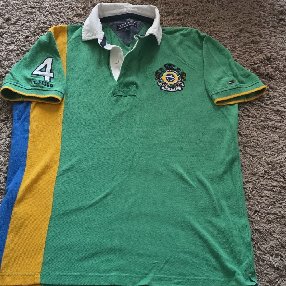 Tommy Hilfiger Green BRASIL Polo with Yellow & Blue Stripes